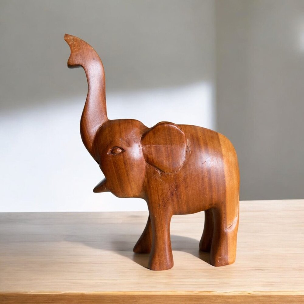 Handcrafted Wooden Elephant Figurine With Raised Trunk 6" Tall Decor Gift READ